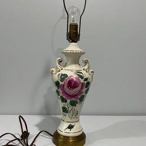 Vintage Porcelain Floral Double Handled Hand Painted Urn Style Lamp